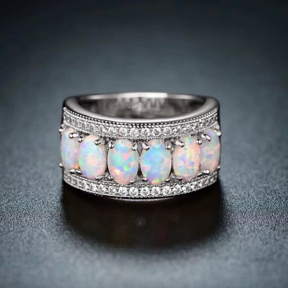 Jewelry - NEW 18k White Gold Diamond Opal Ring Band Wide Ring